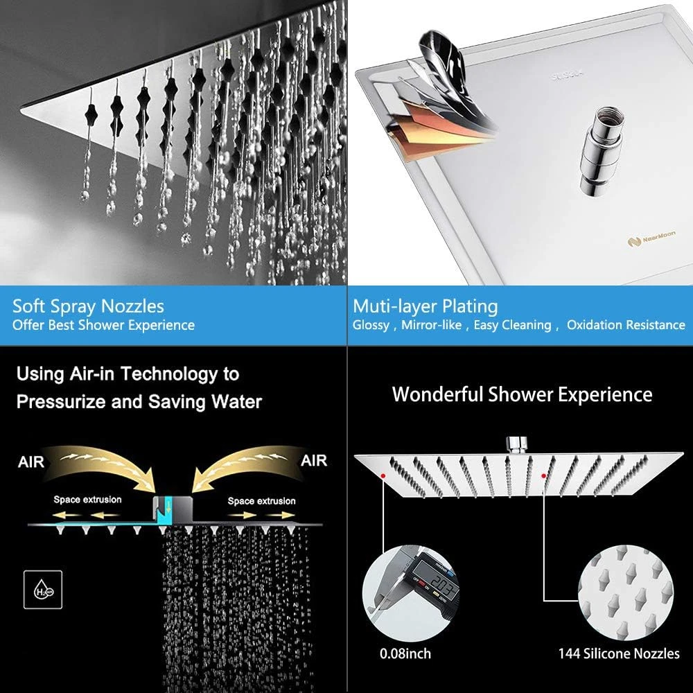 Square Rain Shower Head with Extension Arm, Large Stainless Steel Rainfall Sh...