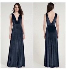 Jenny Yoo Navy Velvet V-Neck Strappy Open Back Zip Maxi Dress 10