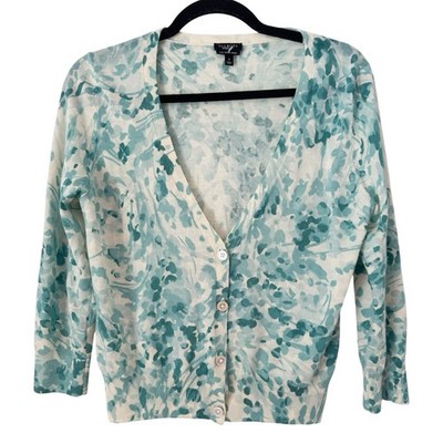 Talbots Green Floral Merino Wool Button Front Crop Cardigan Sweater Size Small