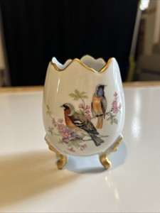 Limoges France Egg Shaped Footed Pedestal Vase Bowl Parrots & Flowers 4”