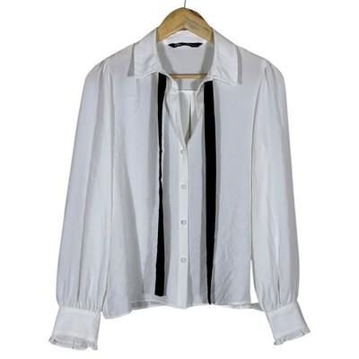 Zara Contrast Ribbon Tie Button Down Top White Black Preppy Coquette Size S