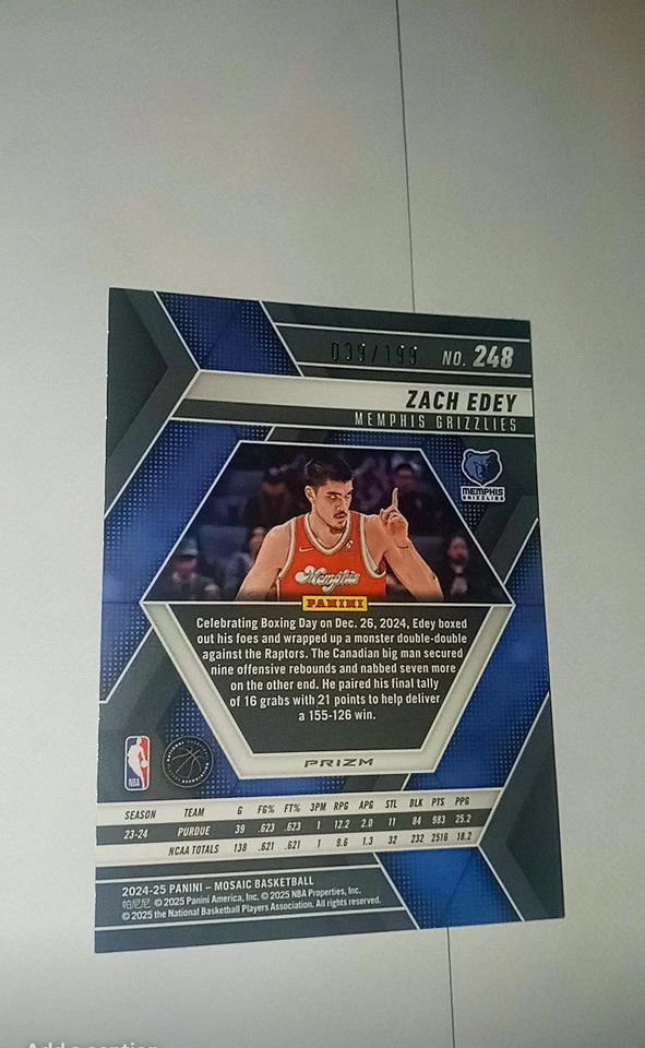 2024-25 Panini Mosaic #248 Zach Edey/199 RC Azul Prizm Grado It Grizzlies 🔥 Foto 3 de 3