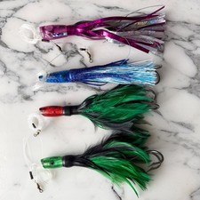 4 pc lot large TROLLING LURES by J-DEE  Braid ZUKERS tuna marlin mahi FEATHERED