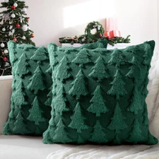 Set of 2 Green Christmas Tree Faux Fur Pillow Covers 18x18 Winter Decor