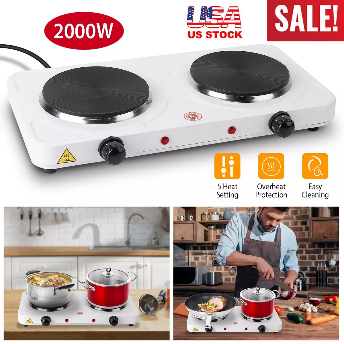 2000W Portable Electric Double Burner Hot Plate Cooktop Cooking Stove  Kitchen