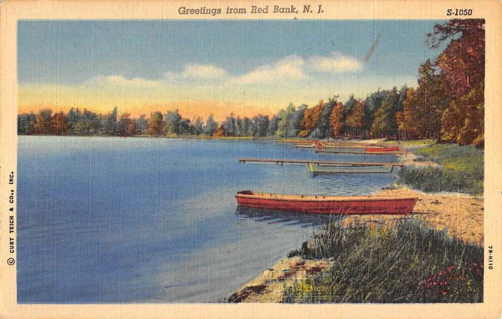 Cartolina antica Red Bank New Jersey barca a fila lungomare saluto K62660