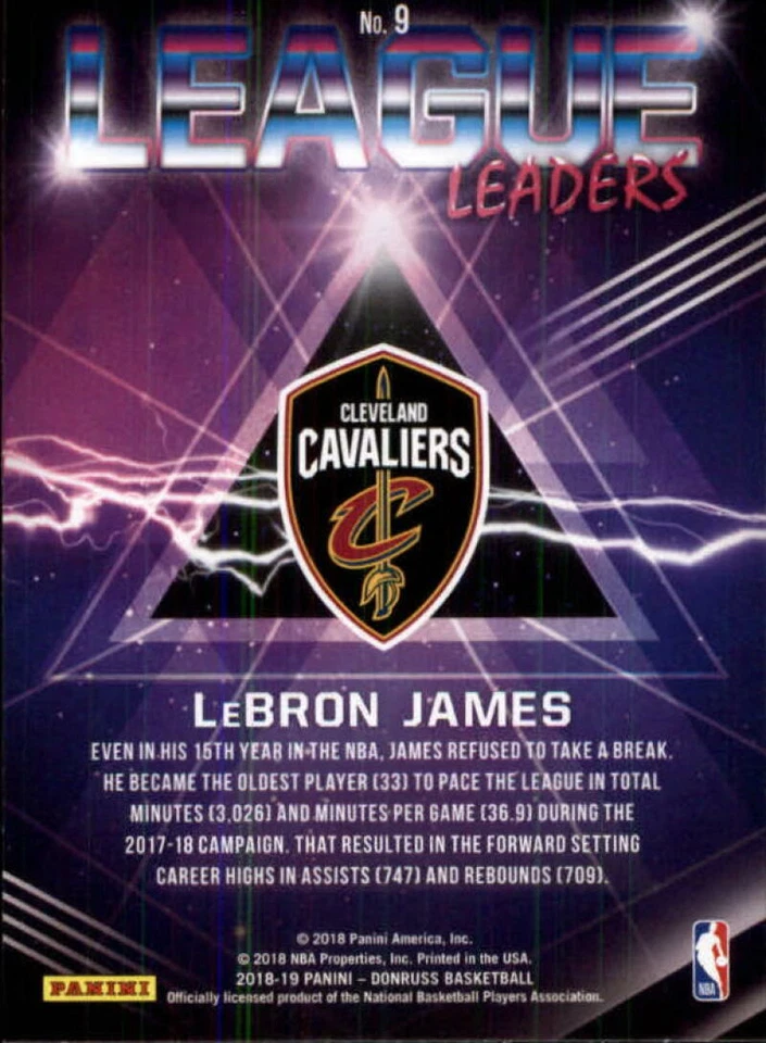 2018-19 Donruss League Leaders Green Flood #9 LeBron James Cavaliers - Image 2 of 2