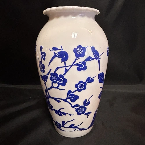 GLOWS Vintage White Milk Glass 9” Vase W/Blue Flowers Birds On Branches EUC