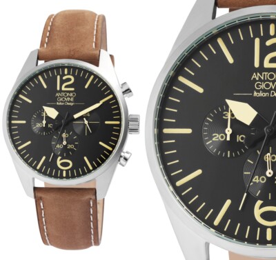 Herrenuhr Chronograph Flieger Armbanduhr Silber/Beige Leder von Antonio Giovine