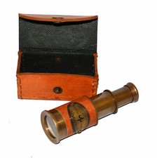 Collectible Antique vintage brass 4" telescope with leather box