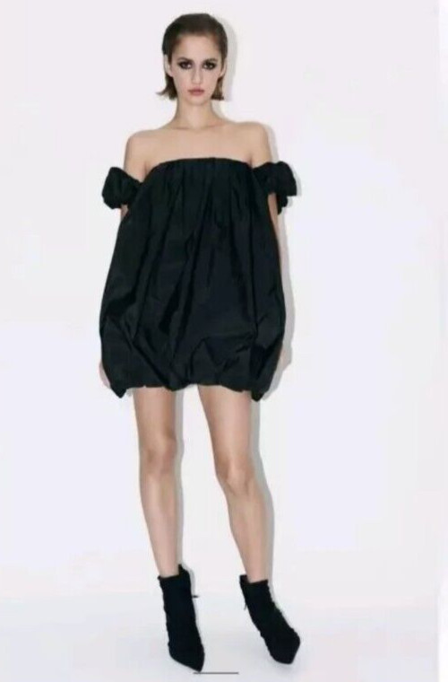 ZARA Dress ZW Collection Size Medium Black Voluminous Taffeta Mini image 3