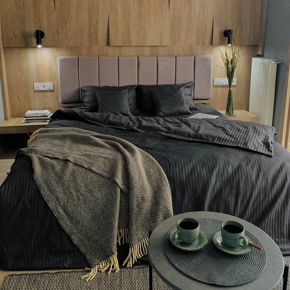 Natural Cotton Stripe Satin Duvet Cover in Gray Twin Full Queen King Custom Size - Image 2 of 3