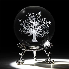 60Mm Tree of Life Crystal Ball with Stand 3D Laser Engraved Life Tree Figurine C