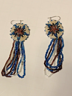 Vintage Old Style Rosette Beaded Earrings-Blue Cut Beads & Bugles