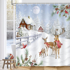 Christmas Deer Shower Curtain, Xmas Cardinals on Pine Branches Winter Forest