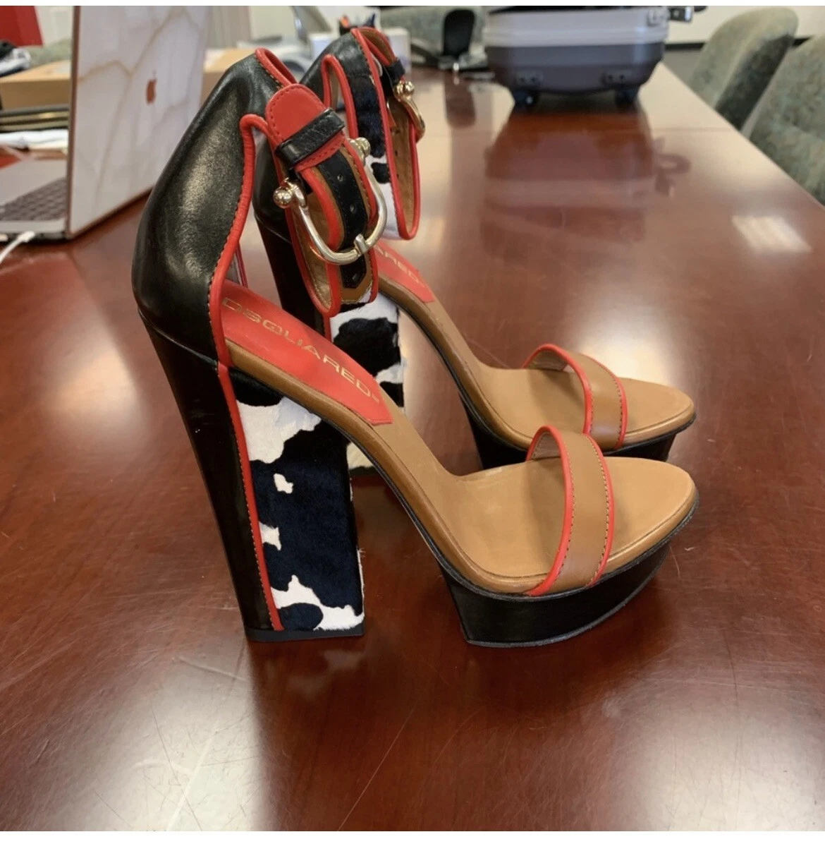 Dsquared2 Cow Print Leather Ankle Strap Heels sz 36 or US 7