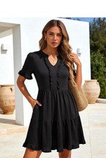 NWT Berydress short sleeve dress pockets ruffle babydoll black Womens Large