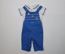 Vtg 70s 80s Baby Boys 6-9 Months 2 Piece Sailor Sailboat Overalls Shirt Outfit