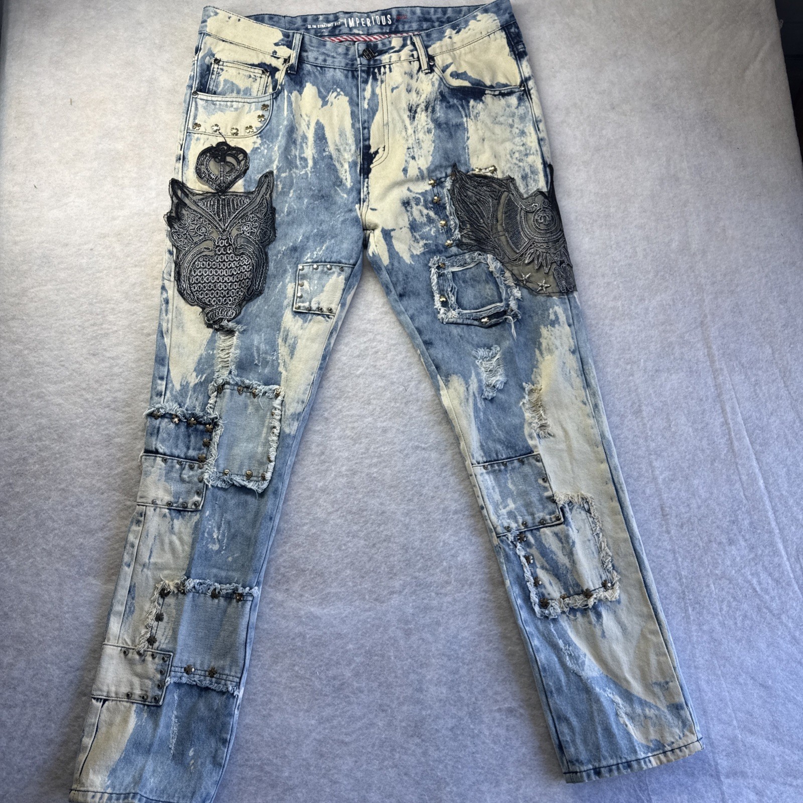 Imperious Distressed Patchwork Denim Embroidered … - image 3