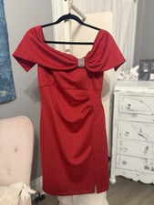 Eliza J Women's red Satin off The Shoulder Rhinestone Detail ruched Size 12 midi