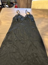 Vintage Vanity Fair Full Length Black Nylon With Lace Detail Slip Dress Sz 34
