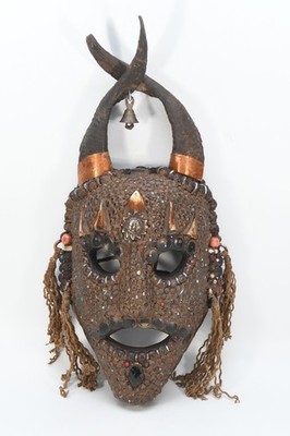 Vintage Horned Tribal Mask Hand Carved Wood Beaded Cowrie Shell Folk Art Decor