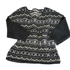LOFT Fair Isle Boat Neck Sweater Women's M Gray Textured 3/4 Sleeve Pullover