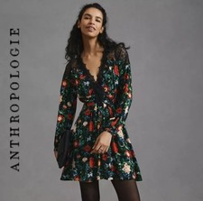 Anthropologie Floral Lacy Lace Trim V Neck Mini Dress Black Women's US 8