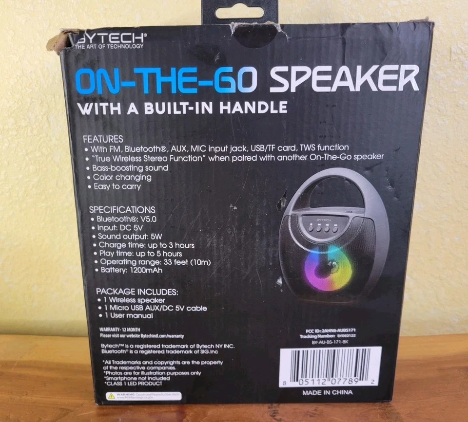BYTECH ON-THE-GO BLUETOOTH tws SPEAKER FM RADIO AUX-IN COLOR CHANGING LED lights - Image 2 of 4
