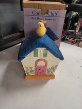 Vintage Cooks Club Large Bird House Lidded Ceramic Cookie Jar w/ Yellow Bird