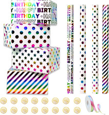 Birthday Wrapping Paper Rolls, Rainbow Gift Roll Paper with Ribbons and Gift Tag