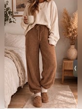 SKIMS Brown Cozy Teddy Fleece Jogger Lounge Pants Drawstring Womens Size S/M 