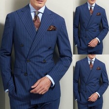 Blue Striped Men's Suit Peak Lapel Double Breasted Wedding Groom Tuxedo Slim Fit