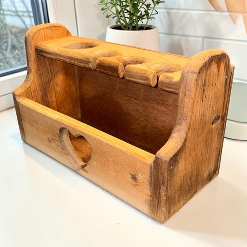 Vintage Rustic Wood Caddy W/ Heart Cutout Hair Tool Organizer Kitchen Utensils