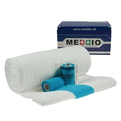 MADDMA Mullwatterolle 40x500cm + 12 Haftbandagen 10cm hellblau Hufverband Verbandwatte