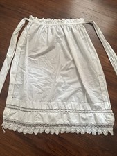 19th Century White Linen Apron with Hand Crocheted Trim and Lace Band Length 32  