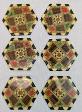 Set of 6 Hexagon Marquetry Mosaic Multi-wood Inlaid Coasters
