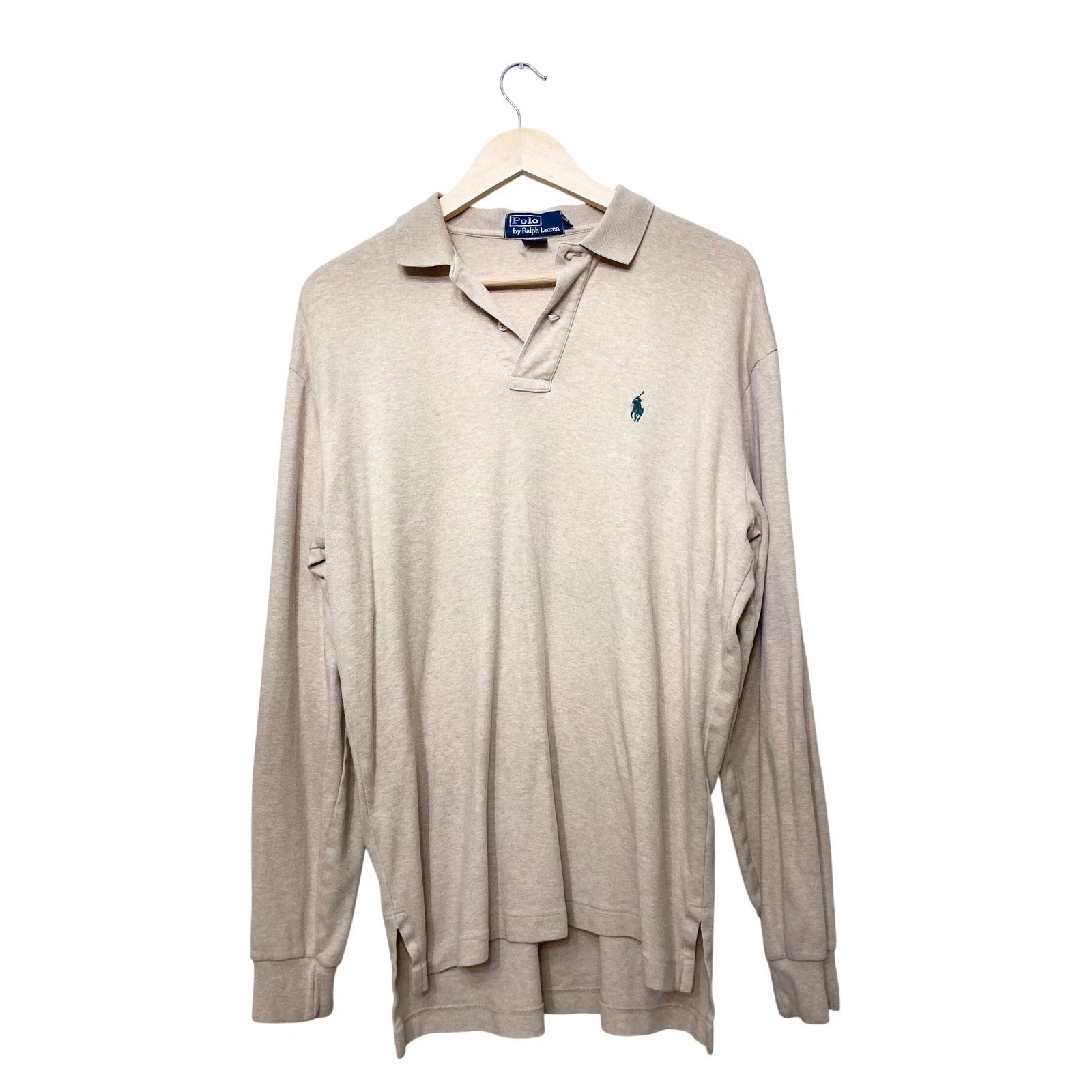 Polo Ralph Lauren Mens Long Sleeve Polo Shirt Beige Tan Cotton Pony Logo Size M