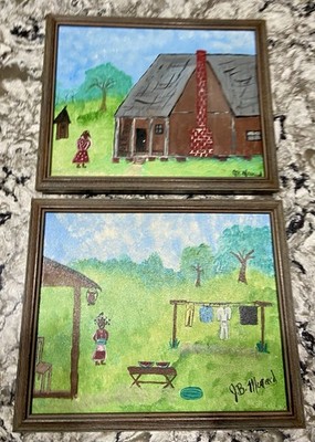 2 VtG Framed Louisiana Folk Art Paintings Rural Black Family JB Menard 9x10.5 