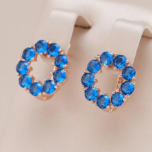 Blue CZ Drop Round Earrings 585 Rose Gold Women Wedding engagement jewelry Gift - Picture 1 of 6