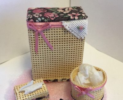 Dollhouse Miniature hamper by Robin Betterley, pink rug waste basket tissue box.