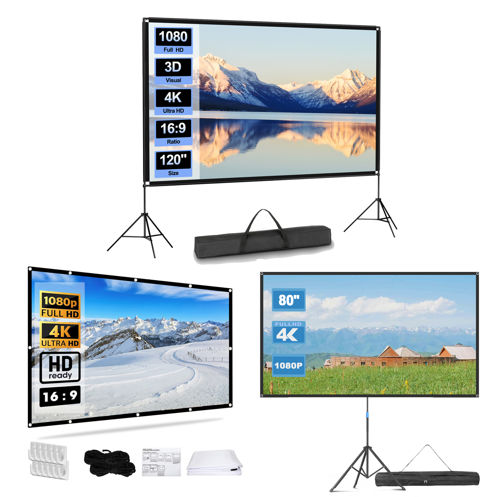 80/100/120"Portable Projector Screen w/Stand Tripod Outdoor 4K HD 3D Home Cinema
