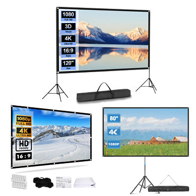 80/100/120''Portable Projector Screen w/Stand Tripod Outdoor 4K HD 3D Home Cinema