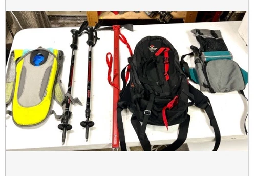 Lot of Backpacking Camping Hiking Survival Gear, backpacks, poles, Ice Axe