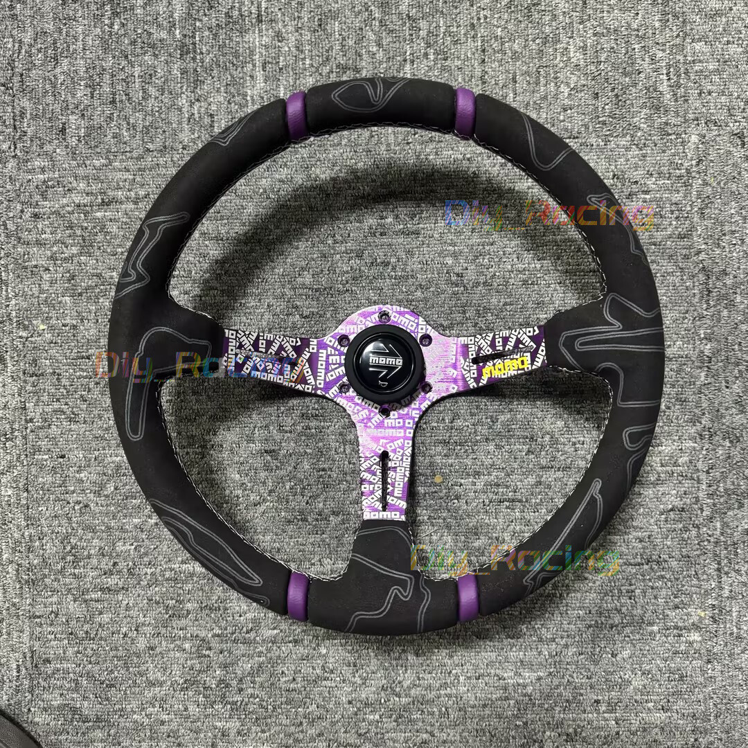 momo スポーツステアリング 黒色&紫色　ULTRA 35パイ　 14インチ 350mm MOMO ULTRA Purple Spoke Deep Dish Suede Racing Car Sport