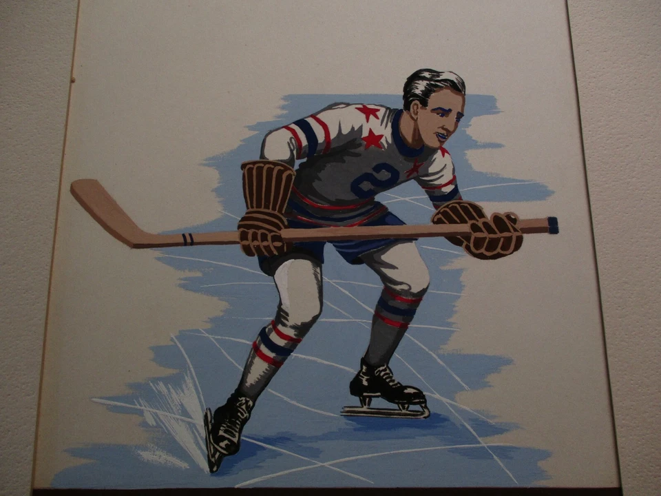 PINTURA RUTH BELLITTO ILUSTRACIÓN AMERICANA JUGADOR DE HOCKEY AÑOS 40 VINTAGE WPA Foto 4 de 4