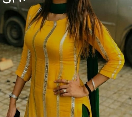 Traje 638 1206 Lentejuelas Amarillas Rayas Salwar Kameez Dupatta Pequeño Mediano Traje - Imagen 2 de 3