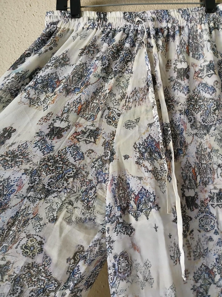 Pantalones IRO Zallie Mujer 40 Blanco Azul Estampado Pierna Ancha Cintura Elástica Viscosa Boho Foto 3 de 4