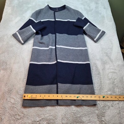 Talbots Merino Wool Cardigan Womens SP Open Front Striped Colorblock Navy Grey