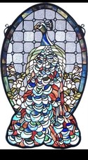 Peacock And Roses Stained Glass Window Panel 38 Tall by 20 1/2 Inch Wide
